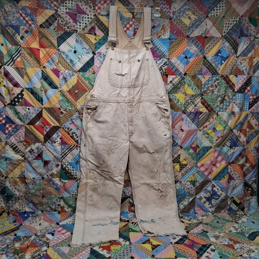 Dickies Bib Overalls Mens 36x30 Tan Thrashed Paint Splatter Workwear Grunge